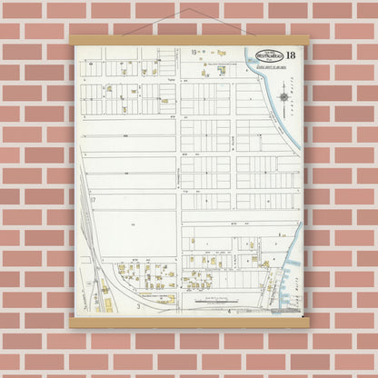 Old map wall art mockup — magnetic wood frame on brick wall — Sanborn Fire Insurance Map from West Palm Beach, Dade County, Florida (1920), Sheet #0018