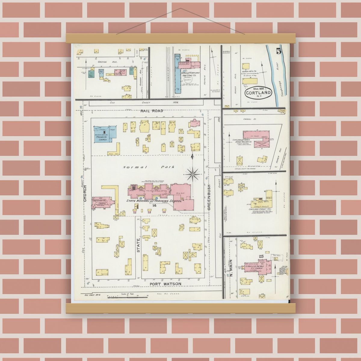 Old map wall art mockup — magnetic wood frame on brick wall — Sanborn Fire Insurance Map from Cortland, Cortland County, New York (1892), Sheet #0005