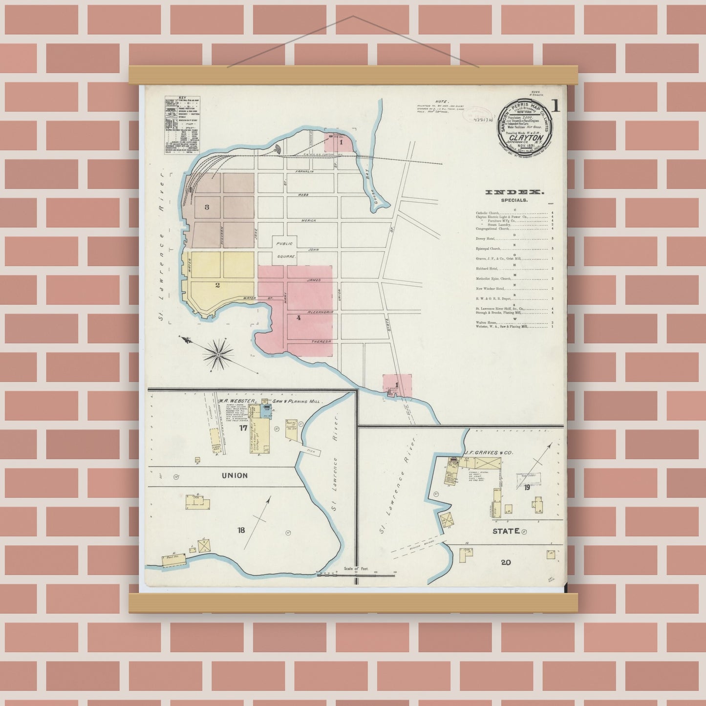 Old map wall art mockup — magnetic wood frame on brick wall — Sanborn Fire Insurance Map from Clayton, Jefferson County, New York (1891) - Complete Map Set