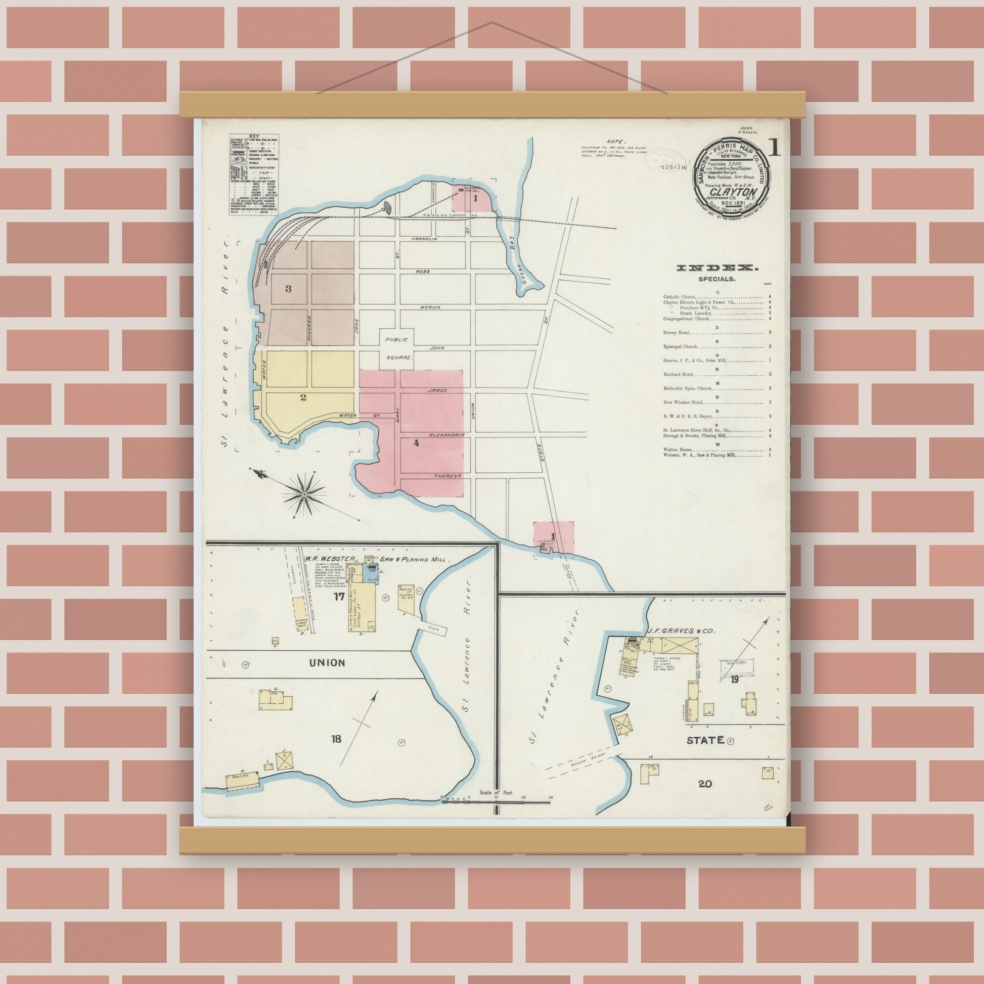 Old map wall art mockup — magnetic wood frame on brick wall — Sanborn Fire Insurance Map from Clayton, Jefferson County, New York (1891) - Complete Map Set