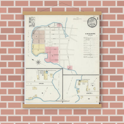 Old map wall art mockup — magnetic wood frame on brick wall — Sanborn Fire Insurance Map from Clayton, Jefferson County, New York (1891) - Complete Map Set