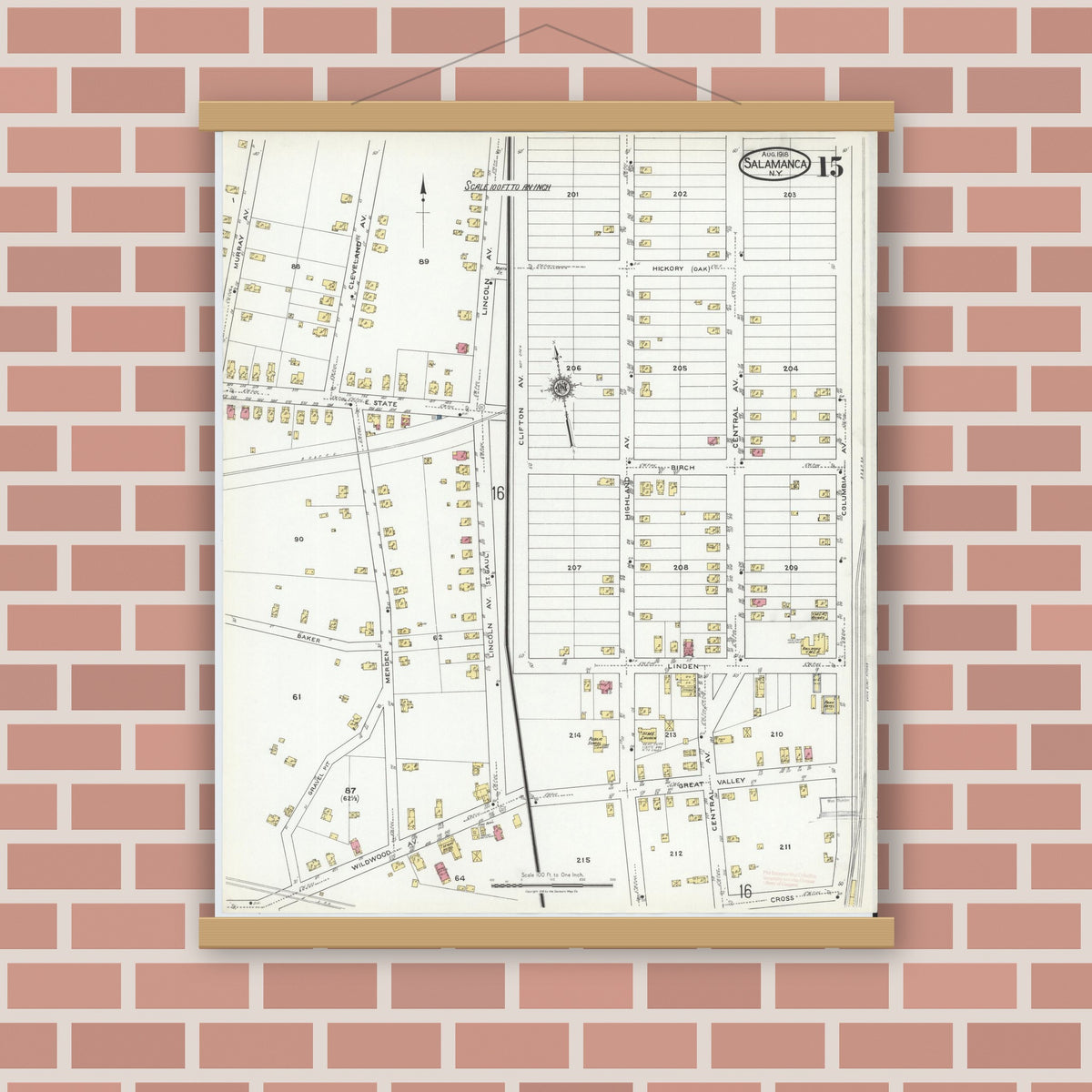 Old map wall art mockup — magnetic wood frame on brick wall — Sanborn Fire Insurance Map from Salamanca, Cattaraugus County, New York (1918), Sheet #0015