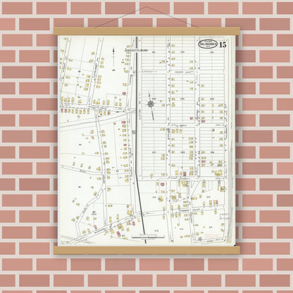 Old map wall art mockup — magnetic wood frame on brick wall — Sanborn Fire Insurance Map from Salamanca, Cattaraugus County, New York (1918), Sheet #0015