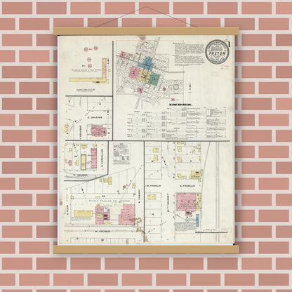 Old map wall art mockup — magnetic wood frame on brick wall — Sanborn Fire Insurance Map from Paxton, Ford County, Illinois (1910), Sheet #0001