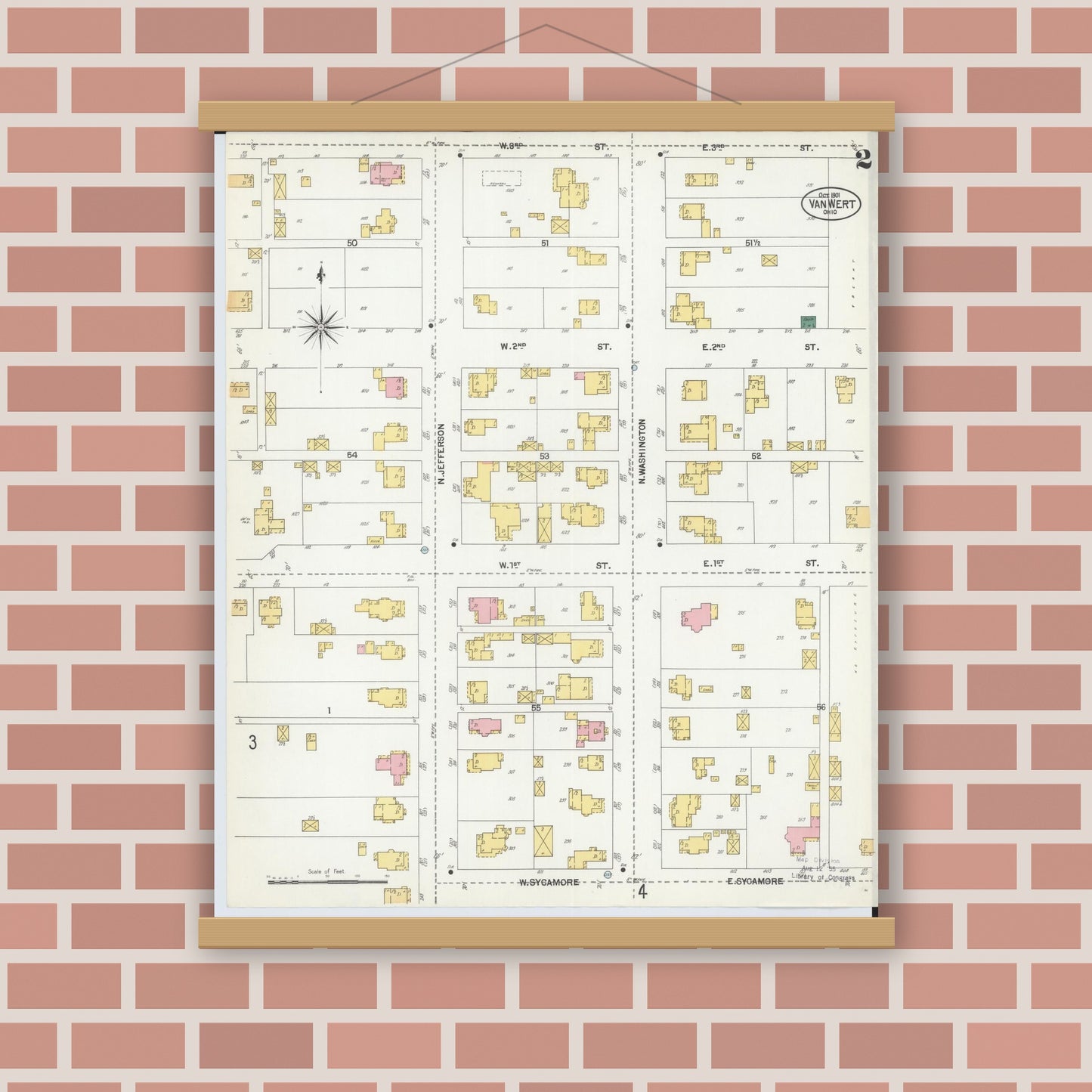 Old map wall art mockup — magnetic wood frame on brick wall — Sanborn Fire Insurance Map from Van Wert, Van Wert County, Ohio (1901), Sheet #0002
