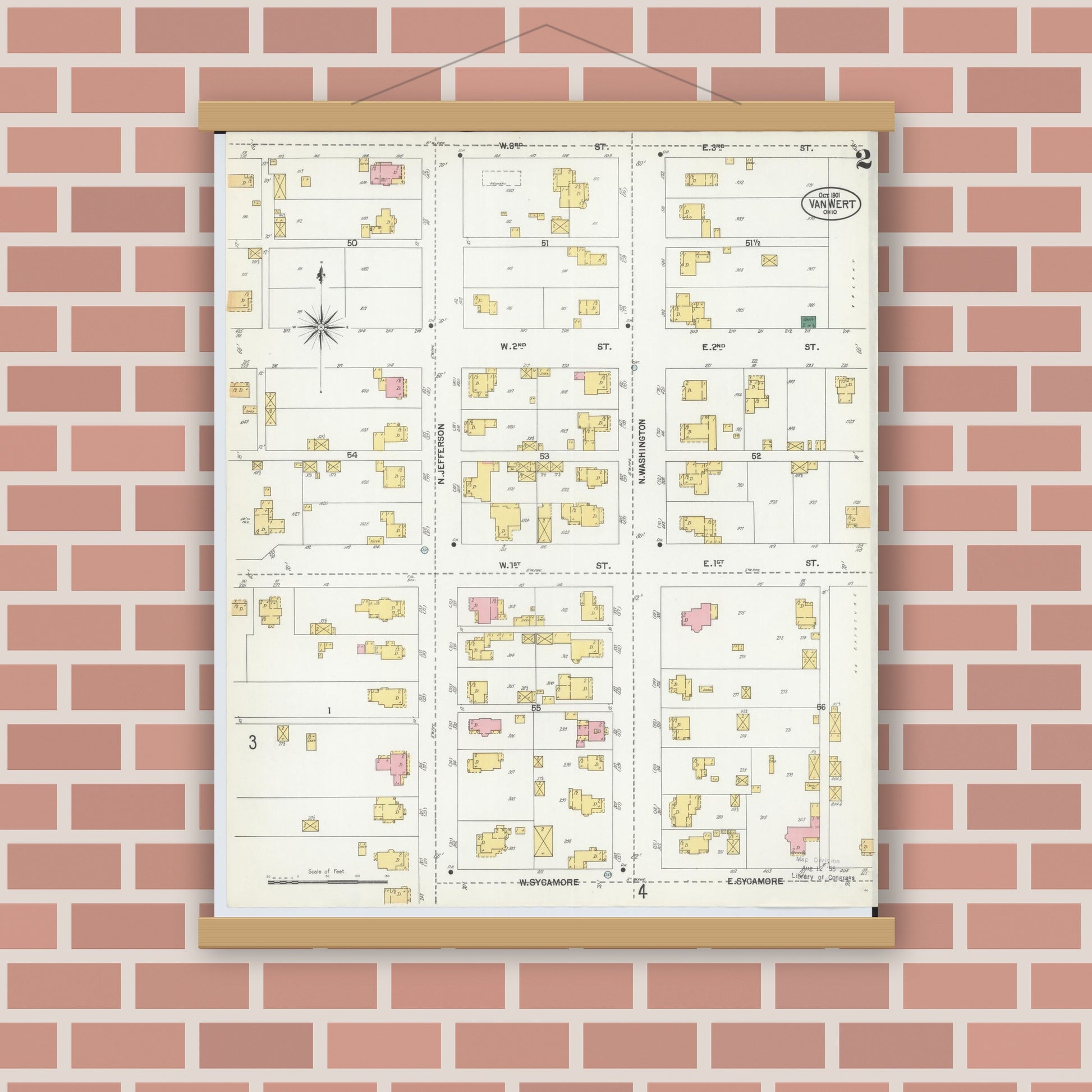 Old map wall art mockup — magnetic wood frame on brick wall — Sanborn Fire Insurance Map from Van Wert, Van Wert County, Ohio (1901), Sheet #0002