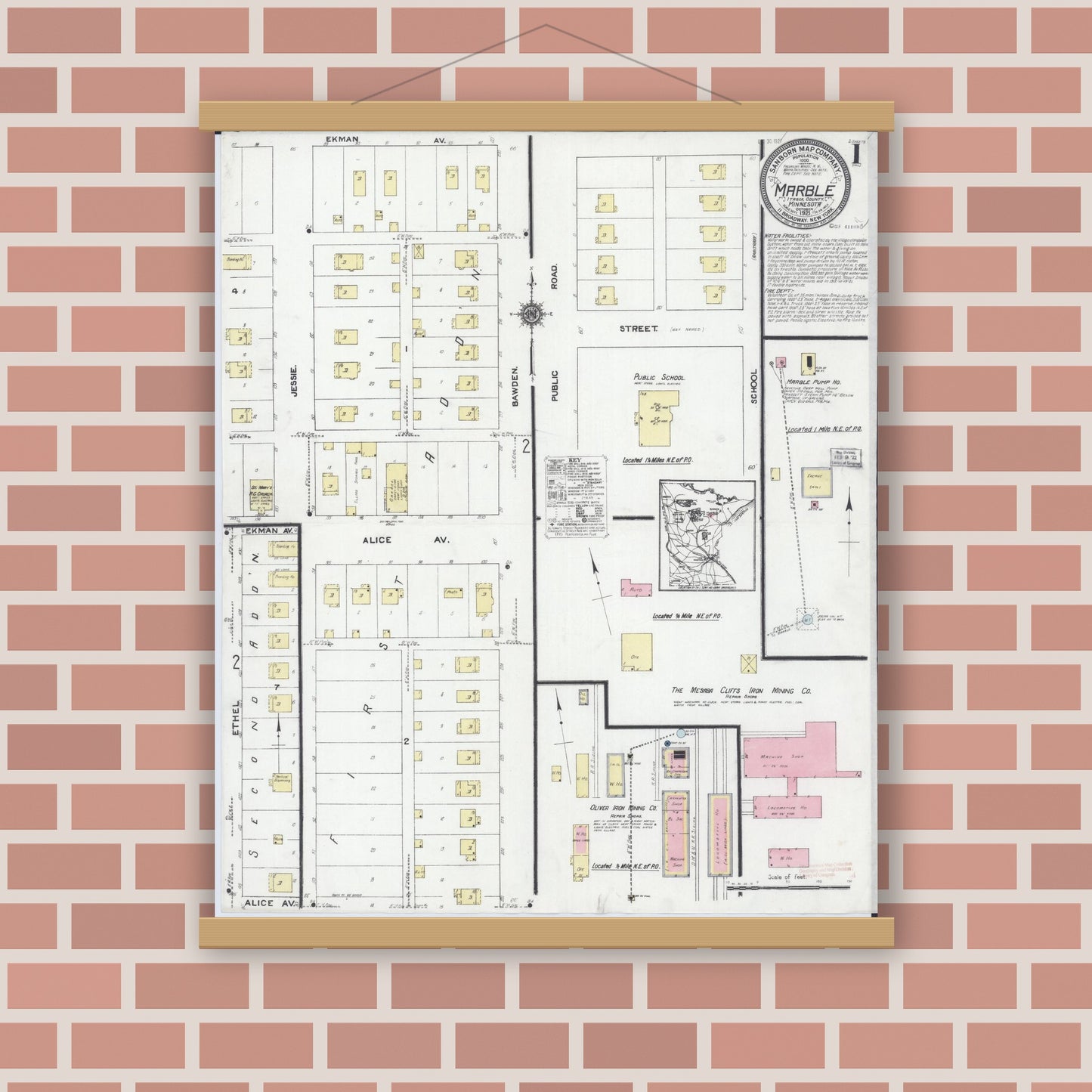 Old map wall art mockup — magnetic wood frame on brick wall — Sanborn Fire Insurance Map from Marble, Itasca County, Minnesota (1921) - Complete Map Set