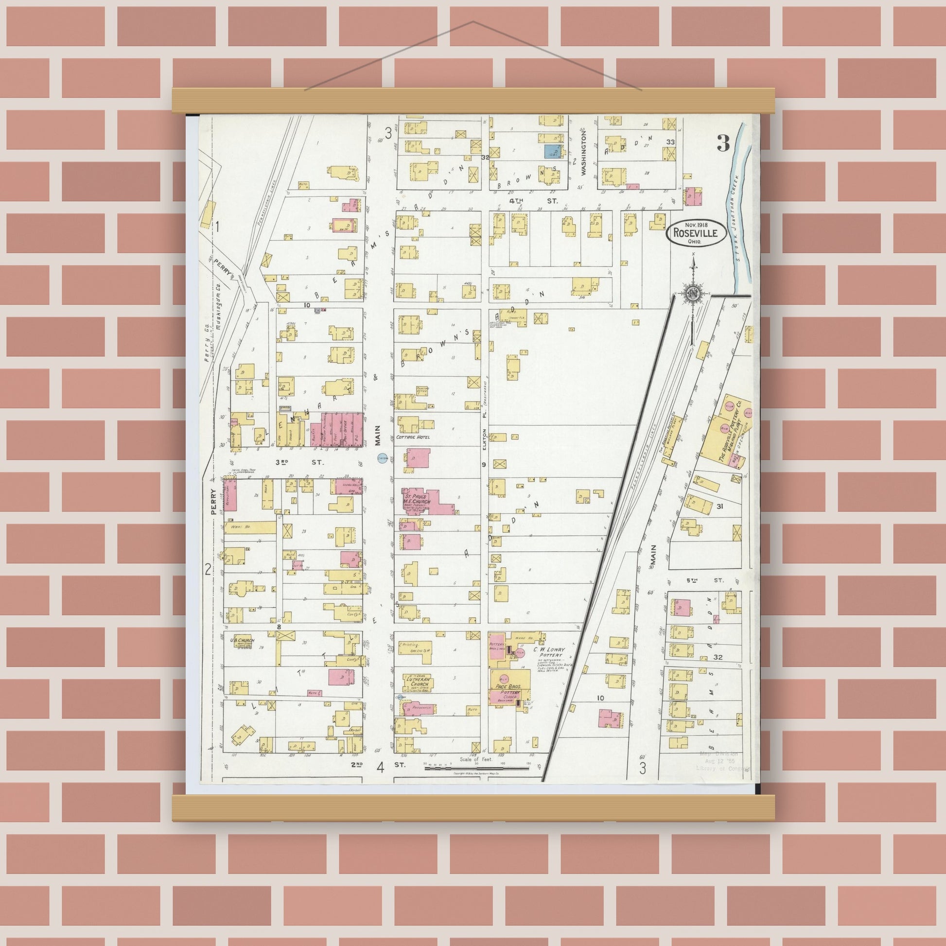 Old map wall art mockup — magnetic wood frame on brick wall — Sanborn Fire Insurance Map from Roseville, Perry And Muskingum Counties, Ohio (1918), Sheet #0003