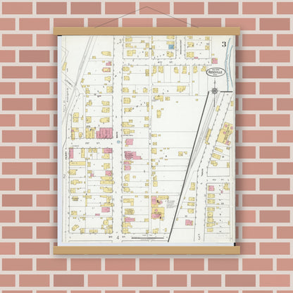 Old map wall art mockup — magnetic wood frame on brick wall — Sanborn Fire Insurance Map from Roseville, Perry And Muskingum Counties, Ohio (1918), Sheet #0003