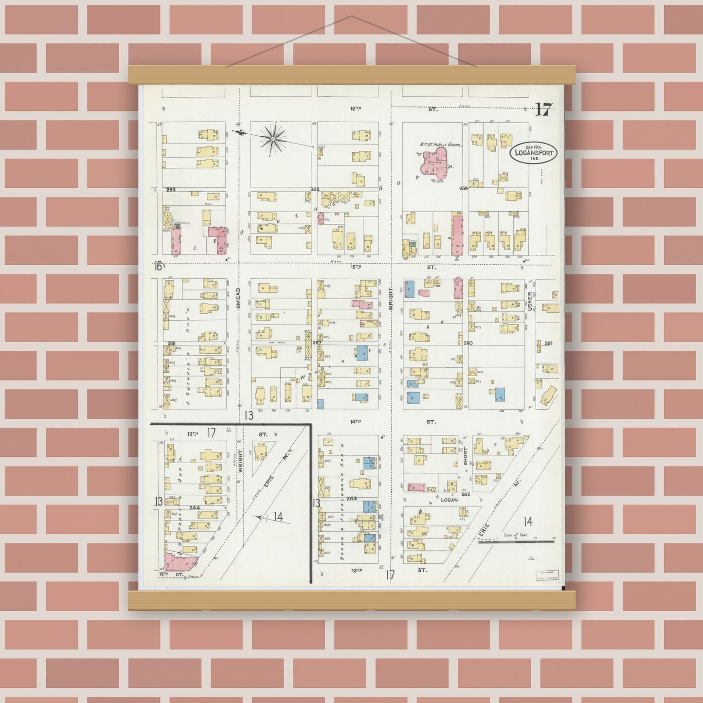 Old map wall art mockup — magnetic wood frame on brick wall — Sanborn Fire Insurance Map from Logansport, Cass County, Indiana (1906), Sheet #0017