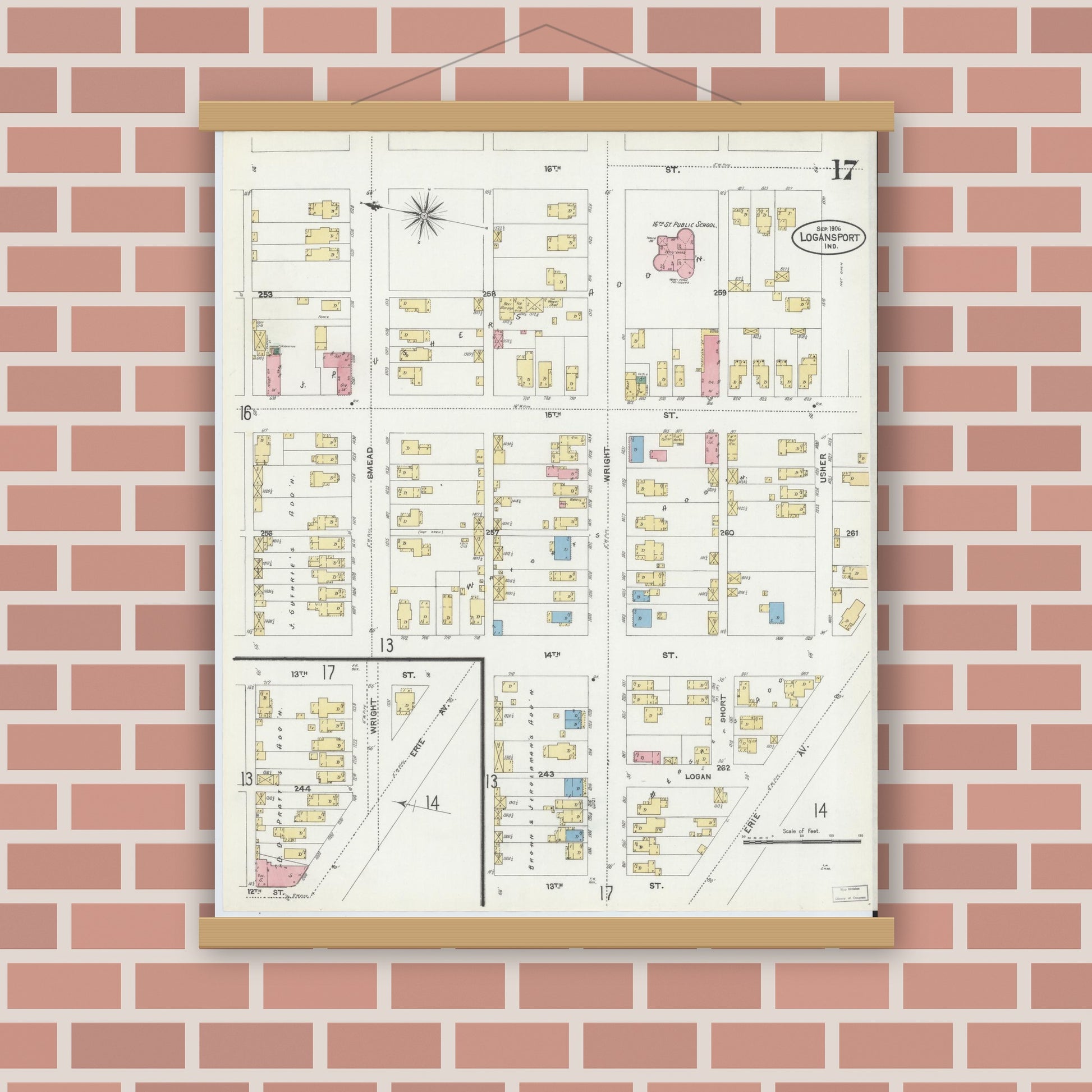 Old map wall art mockup — magnetic wood frame on brick wall — Sanborn Fire Insurance Map from Logansport, Cass County, Indiana (1906), Sheet #0017