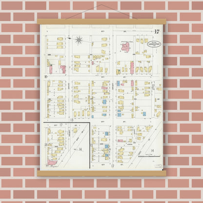 Old map wall art mockup — magnetic wood frame on brick wall — Sanborn Fire Insurance Map from Logansport, Cass County, Indiana (1906), Sheet #0017