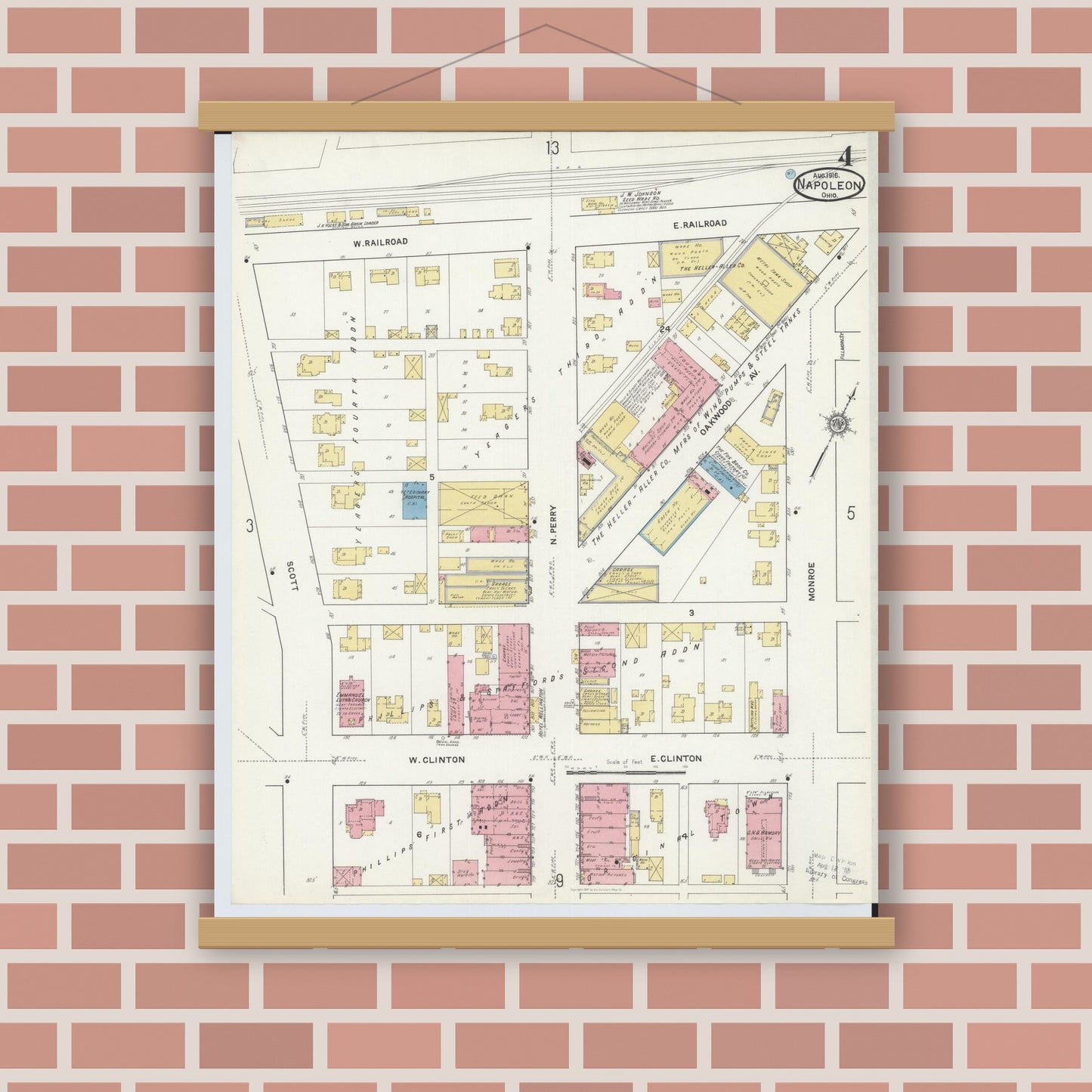 Old map wall art mockup — magnetic wood frame on brick wall — Sanborn Fire Insurance Map from Napoleon, Henry County, Ohio (1916), Sheet #0004