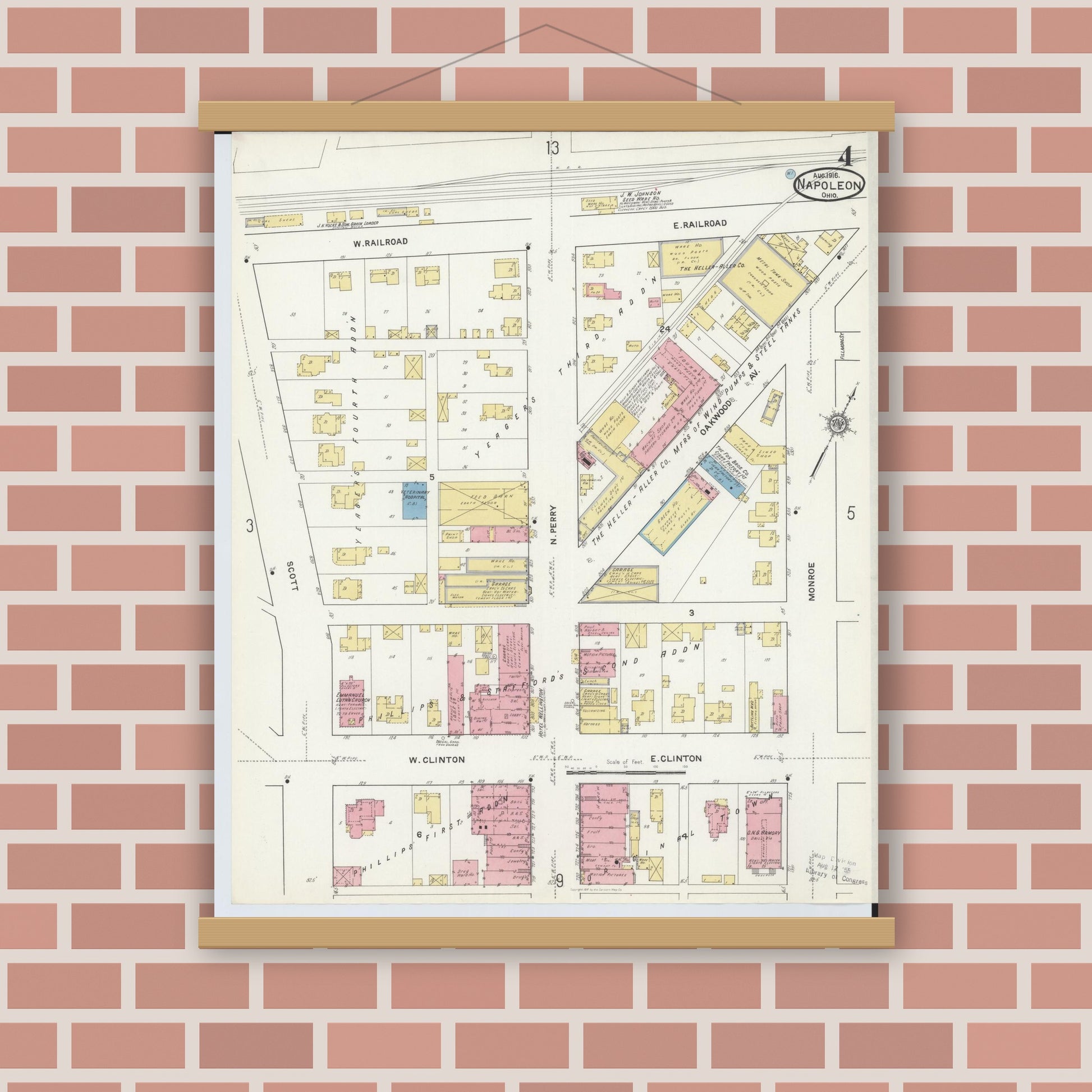 Old map wall art mockup — magnetic wood frame on brick wall — Sanborn Fire Insurance Map from Napoleon, Henry County, Ohio (1916), Sheet #0004