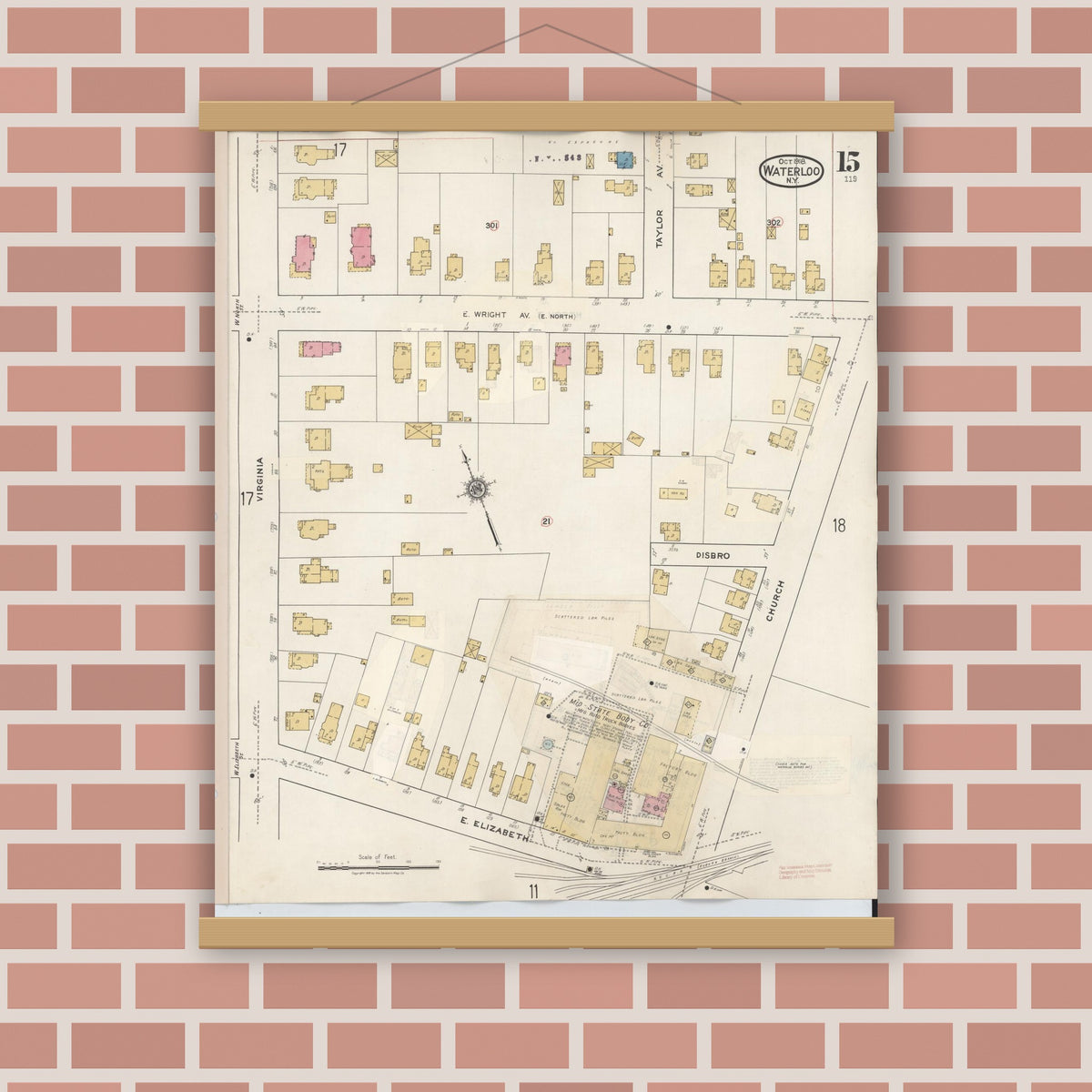 Old map wall art mockup — magnetic wood frame on brick wall — Sanborn Fire Insurance Map from Waterloo, Seneca County, New York (1948), Sheet #0015