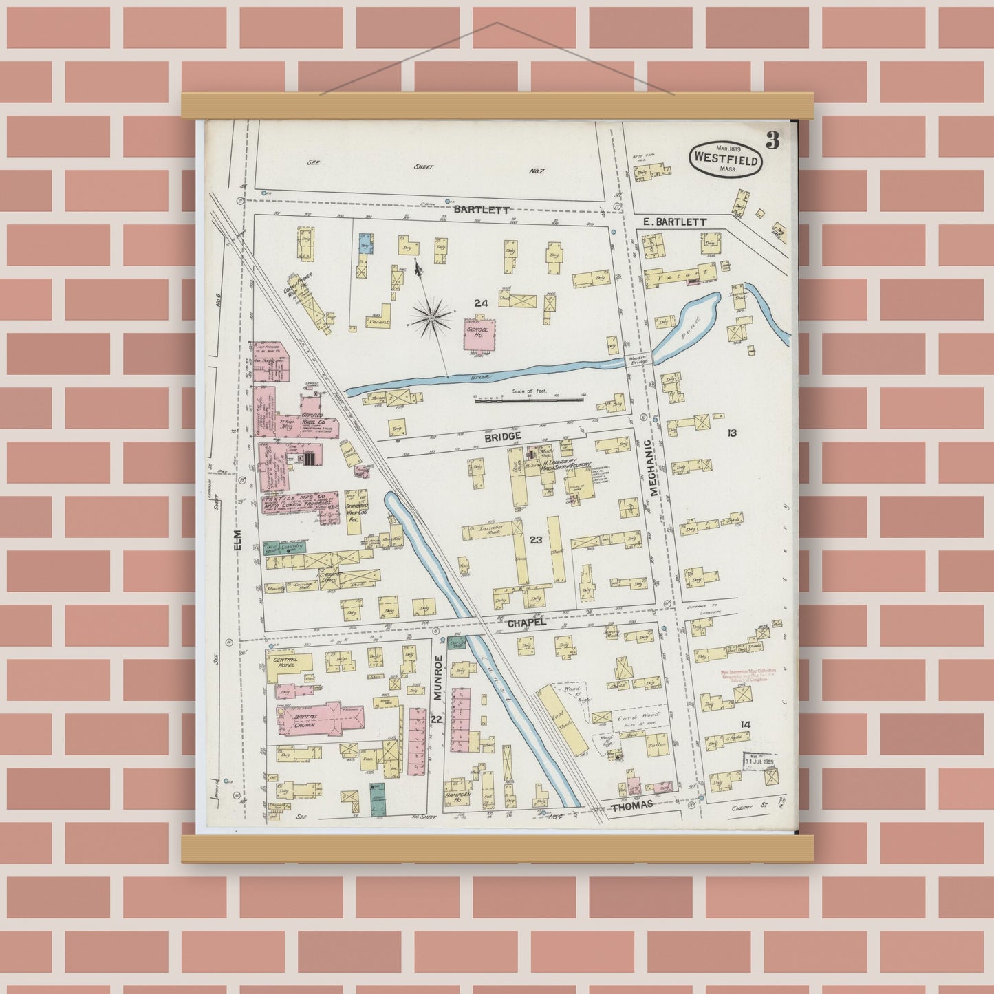 Old map wall art mockup — magnetic wood frame on brick wall — Sanborn Fire Insurance Map from Westfield, Hampden County, Massachusetts (1889), Sheet #0003