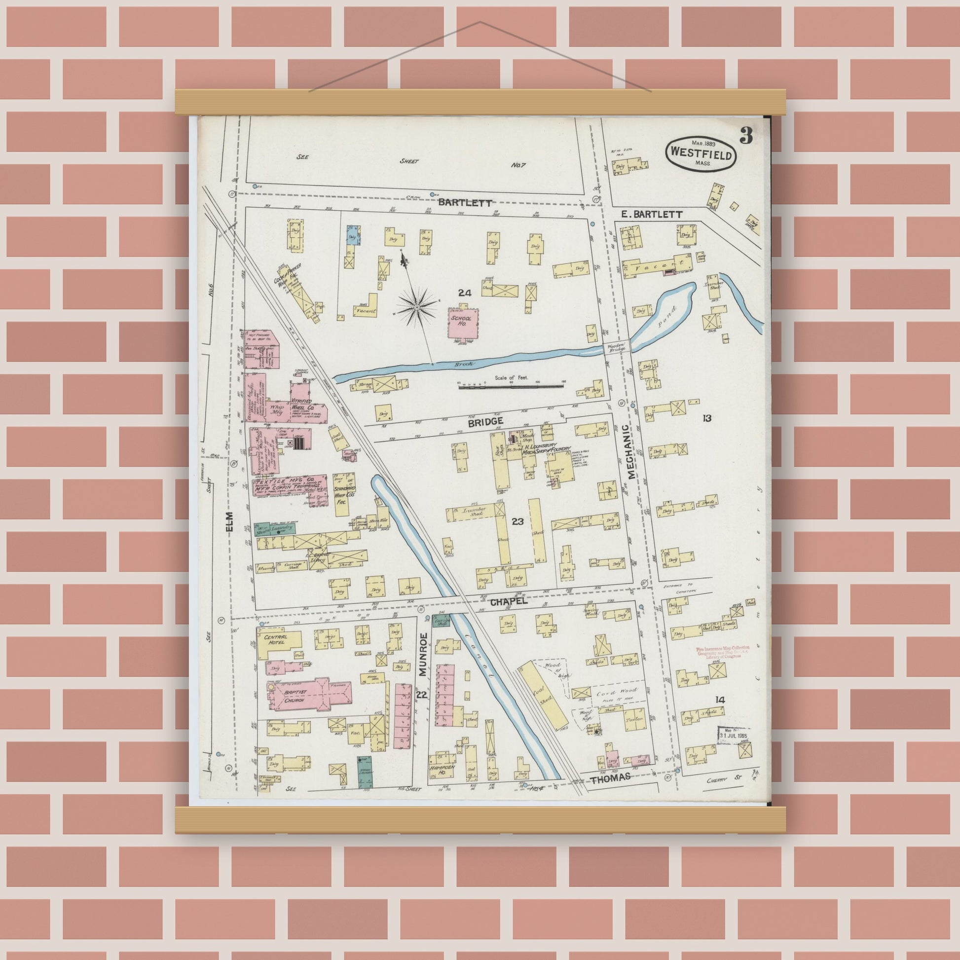 Old map wall art mockup — magnetic wood frame on brick wall — Sanborn Fire Insurance Map from Westfield, Hampden County, Massachusetts (1889), Sheet #0003