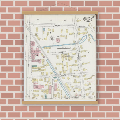 Old map wall art mockup — magnetic wood frame on brick wall — Sanborn Fire Insurance Map from Westfield, Hampden County, Massachusetts (1889), Sheet #0003