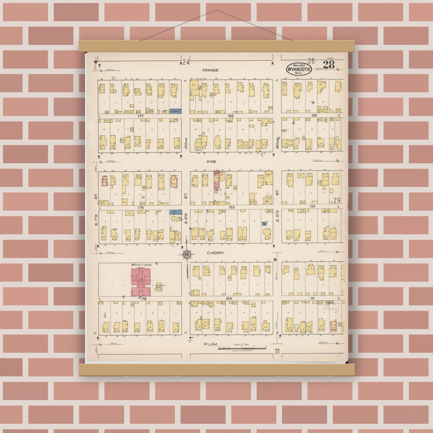 Old map wall art mockup — magnetic wood frame on brick wall — Sanborn Fire Insurance Map from Wyandotte, Wayne County, Michigan (1922), Sheet #0028