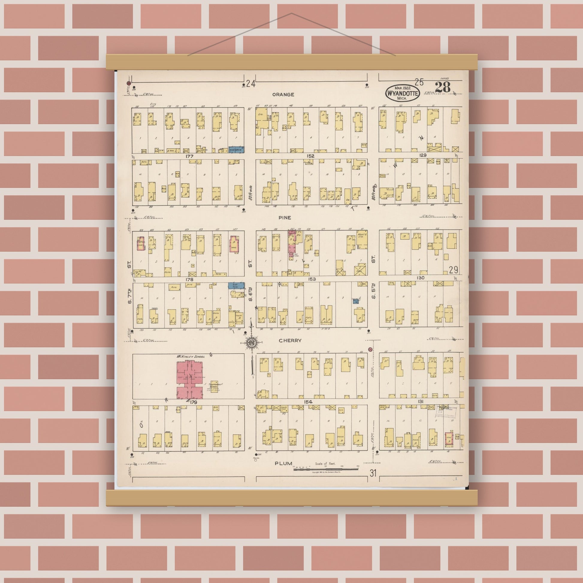 Old map wall art mockup — magnetic wood frame on brick wall — Sanborn Fire Insurance Map from Wyandotte, Wayne County, Michigan (1922), Sheet #0028