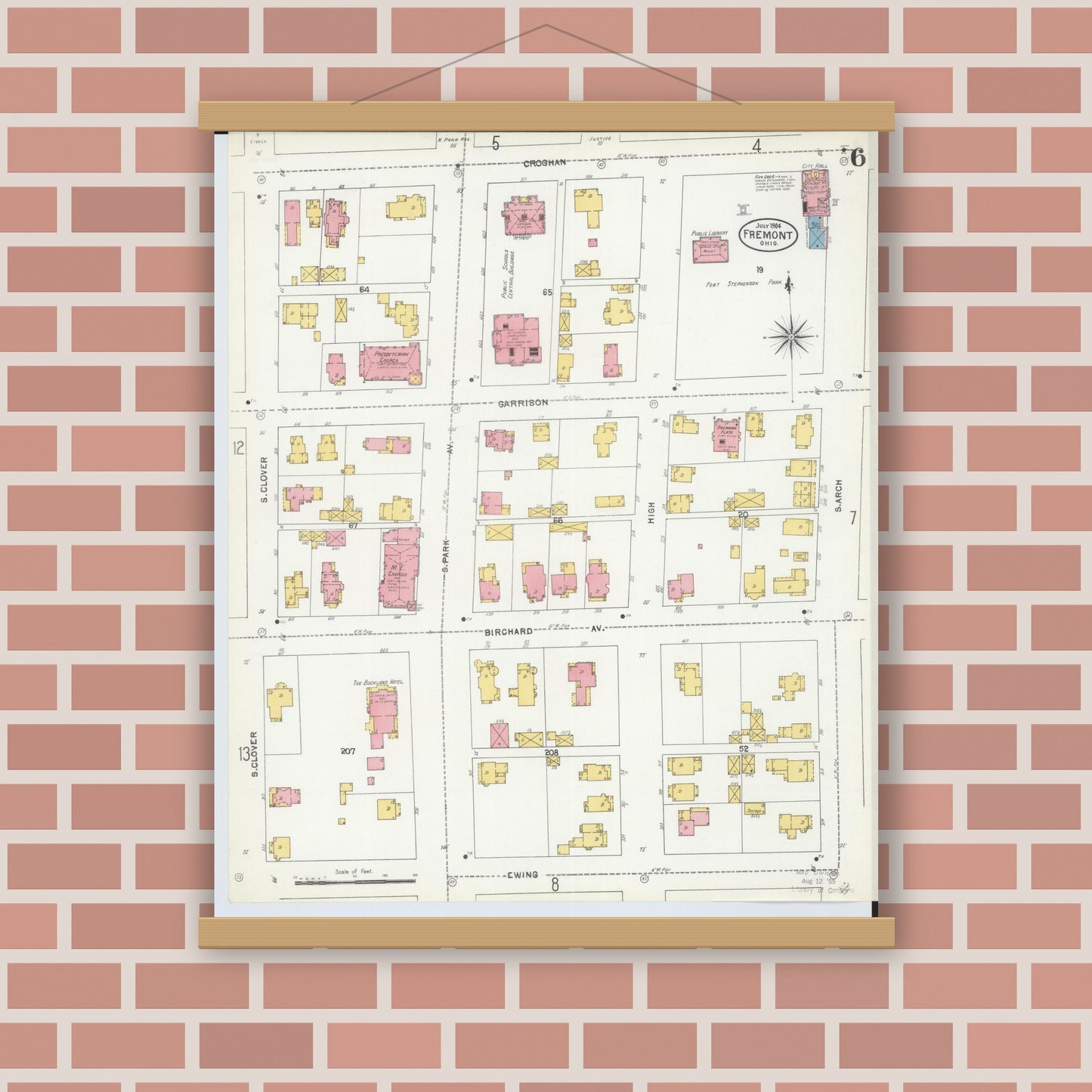Old map wall art mockup — magnetic wood frame on brick wall — Sanborn Fire Insurance Map from Fremont, Sandusky County, Ohio (1904), Sheet #0006