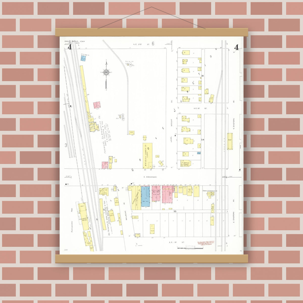 Old map wall art mockup — magnetic wood frame on brick wall — Sanborn Fire Insurance Map from Eagle Grove, Wright County, Iowa (1933), Sheet #0004