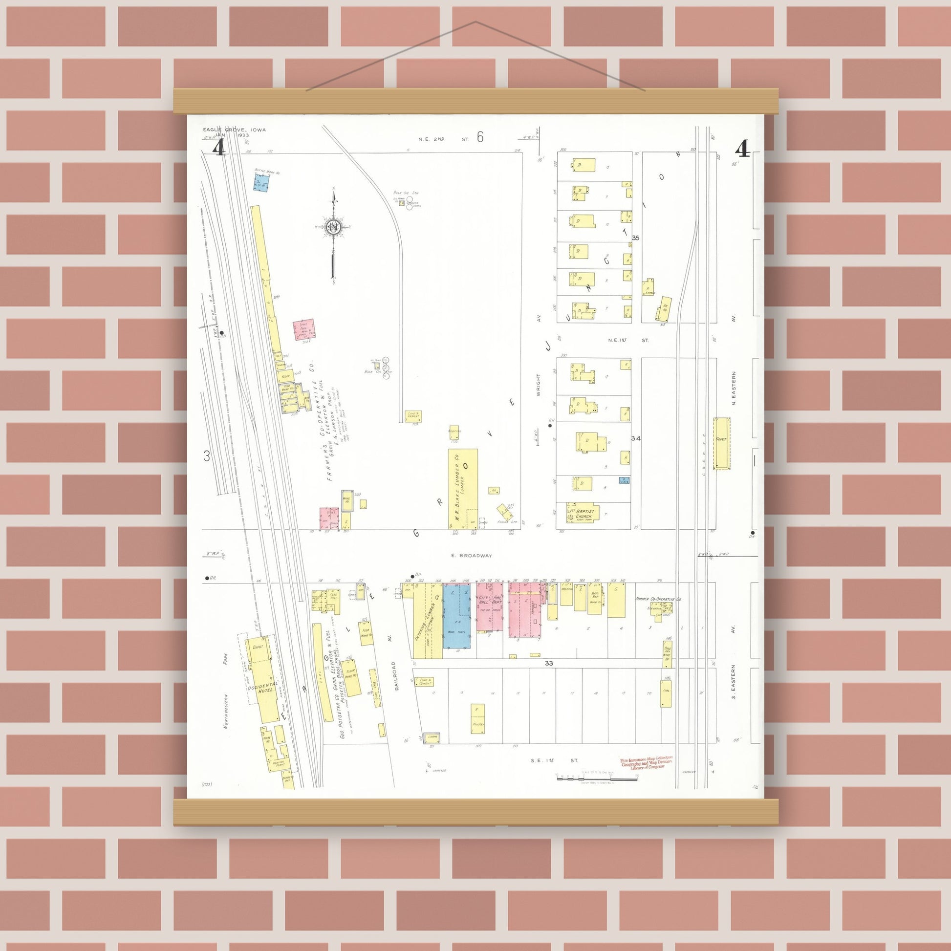 Old map wall art mockup — magnetic wood frame on brick wall — Sanborn Fire Insurance Map from Eagle Grove, Wright County, Iowa (1933), Sheet #0004