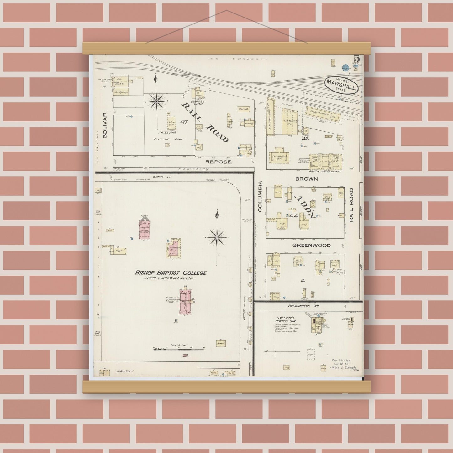 Old map wall art mockup — magnetic wood frame on brick wall — Sanborn Fire Insurance Map from Marshall, Harrison County, Texas (1885), Sheet #0005