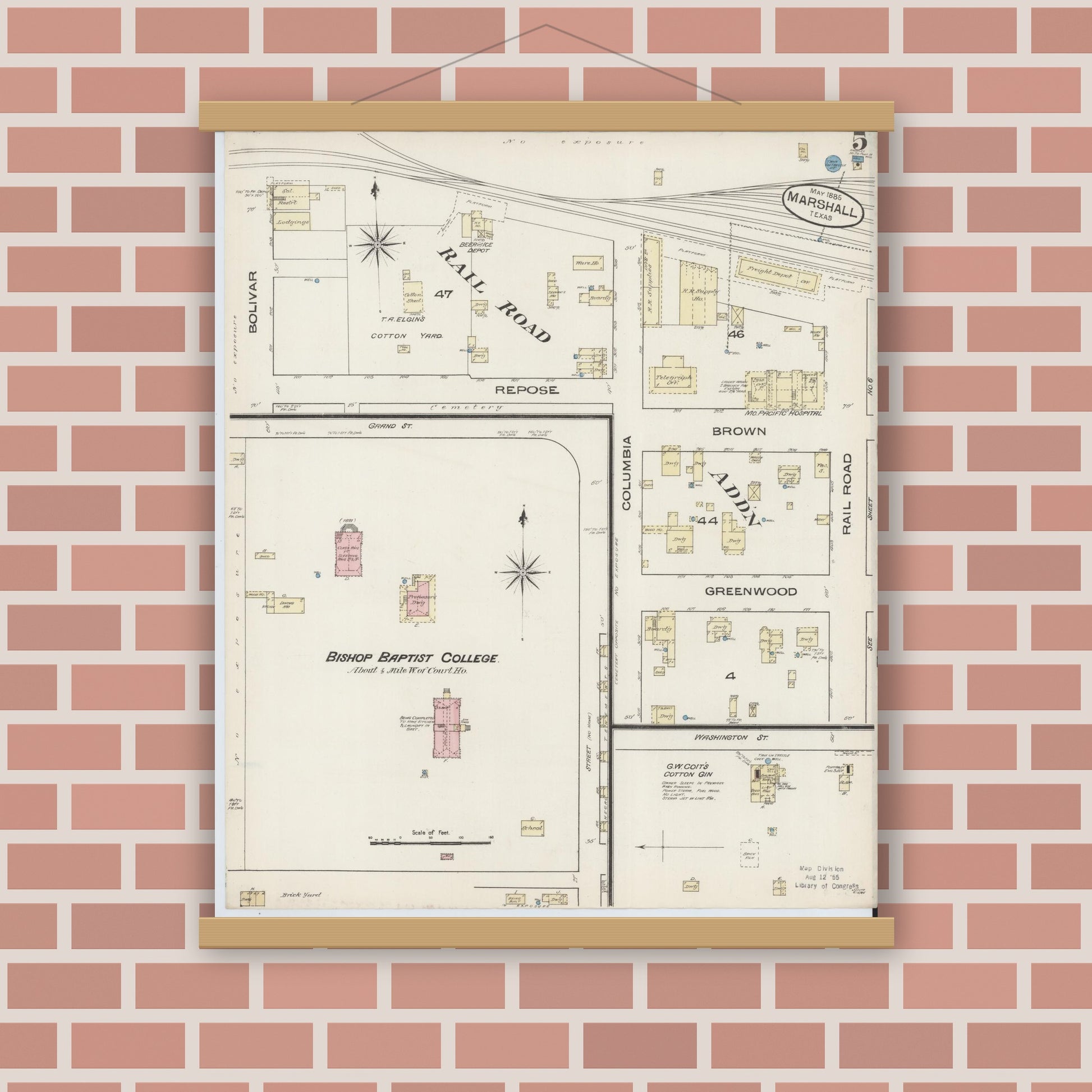 Old map wall art mockup — magnetic wood frame on brick wall — Sanborn Fire Insurance Map from Marshall, Harrison County, Texas (1885), Sheet #0005