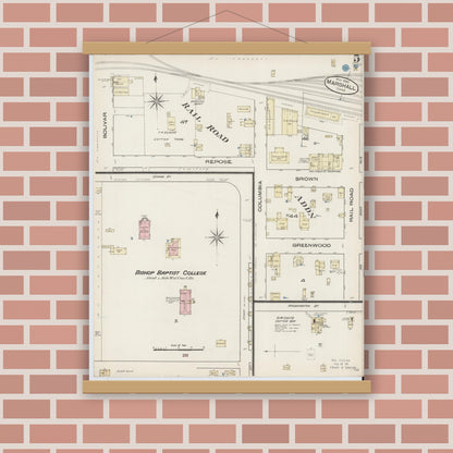 Old map wall art mockup — magnetic wood frame on brick wall — Sanborn Fire Insurance Map from Marshall, Harrison County, Texas (1885), Sheet #0005