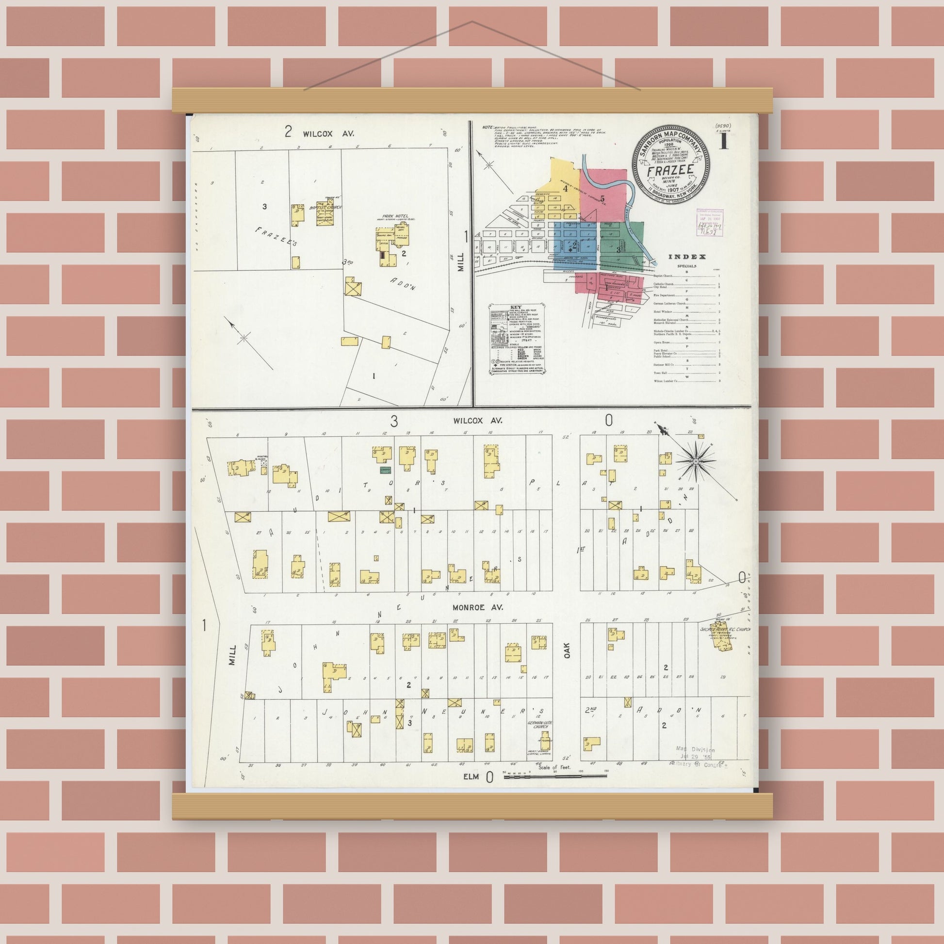Old map wall art mockup — magnetic wood frame on brick wall — Sanborn Fire Insurance Map from Frazee, Becker County, Minnesota (1907), Sheet #0001