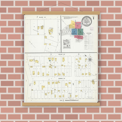 Old map wall art mockup — magnetic wood frame on brick wall — Sanborn Fire Insurance Map from Frazee, Becker County, Minnesota (1907), Sheet #0001