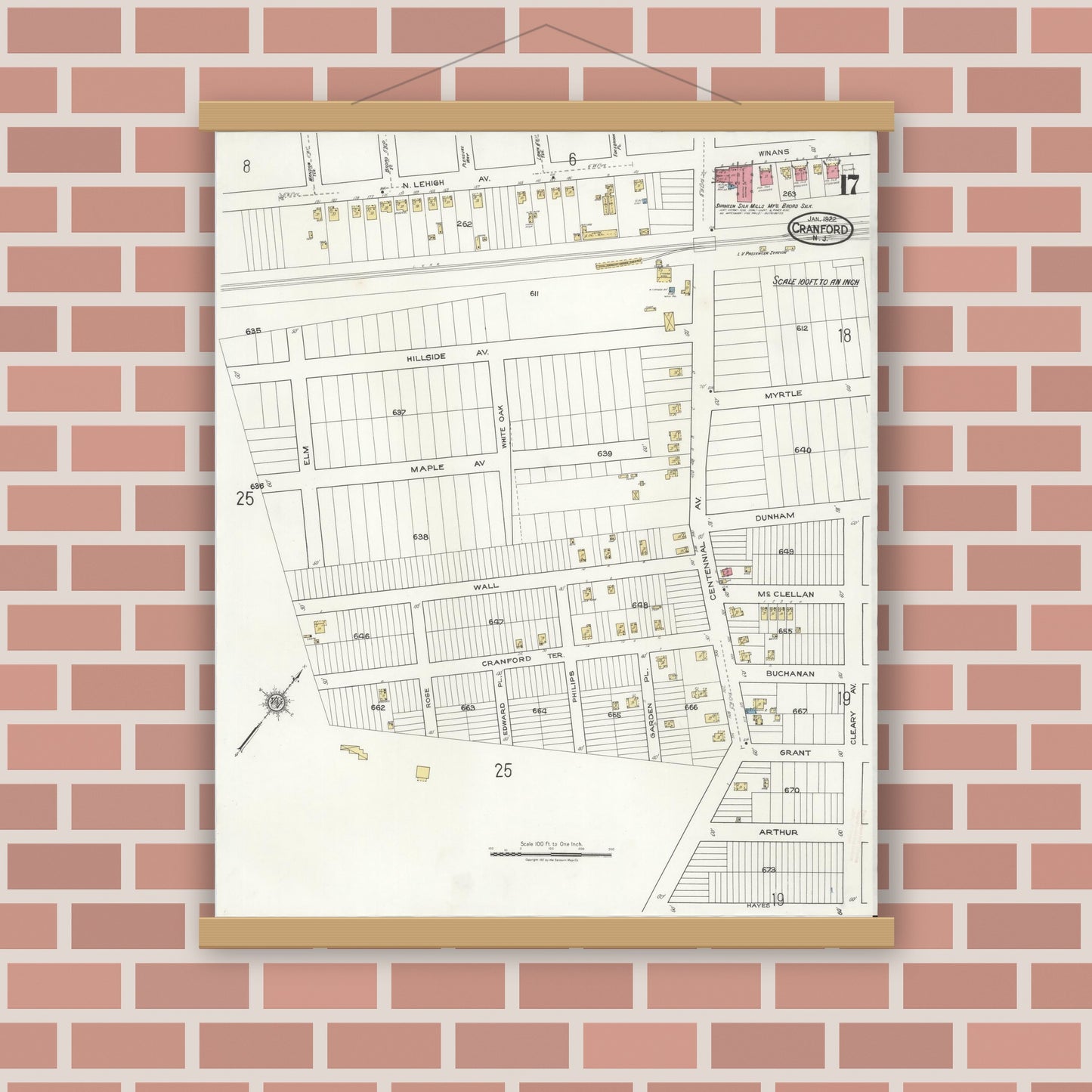 Old map wall art mockup — magnetic wood frame on brick wall — Sanborn Fire Insurance Map from Cranford, Union County, New Jersey (1922), Sheet #0017