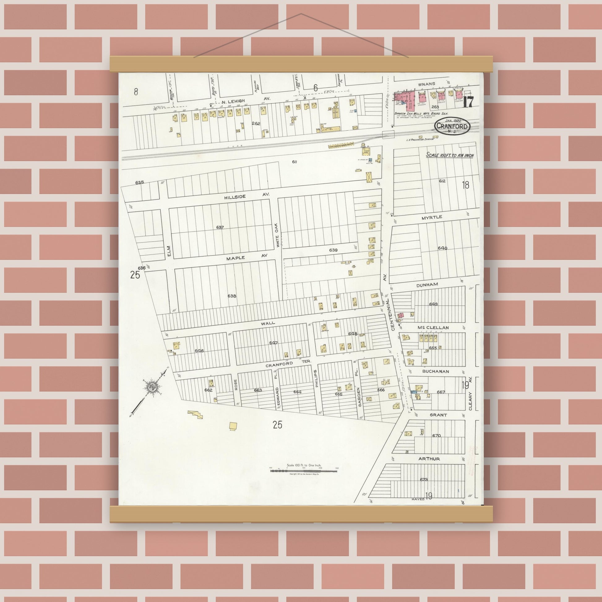 Old map wall art mockup — magnetic wood frame on brick wall — Sanborn Fire Insurance Map from Cranford, Union County, New Jersey (1922), Sheet #0017