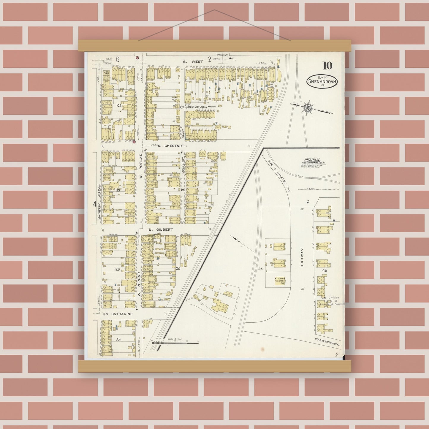 Old map wall art mockup — magnetic wood frame on brick wall — Sanborn Fire Insurance Map from Shenandoah, Schuylkill County, Pennsylvania (1913), Sheet #0010