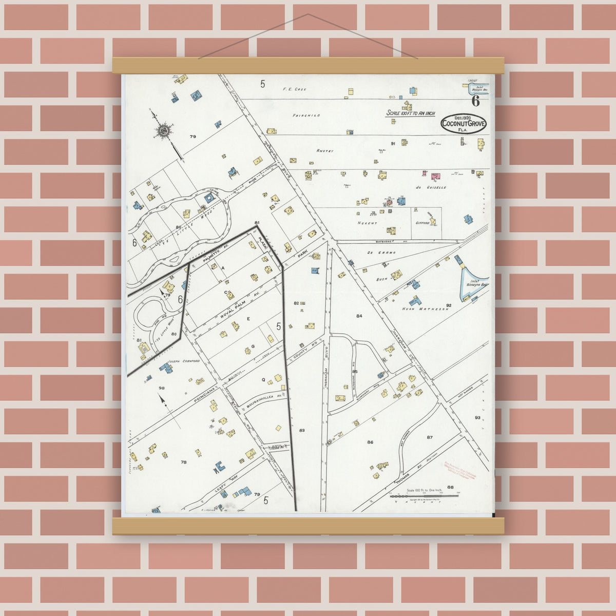 Old map wall art mockup — magnetic wood frame on brick wall — Sanborn Fire Insurance Map from Coconut Grove, Dade County, Florida (1920), Sheet #0006