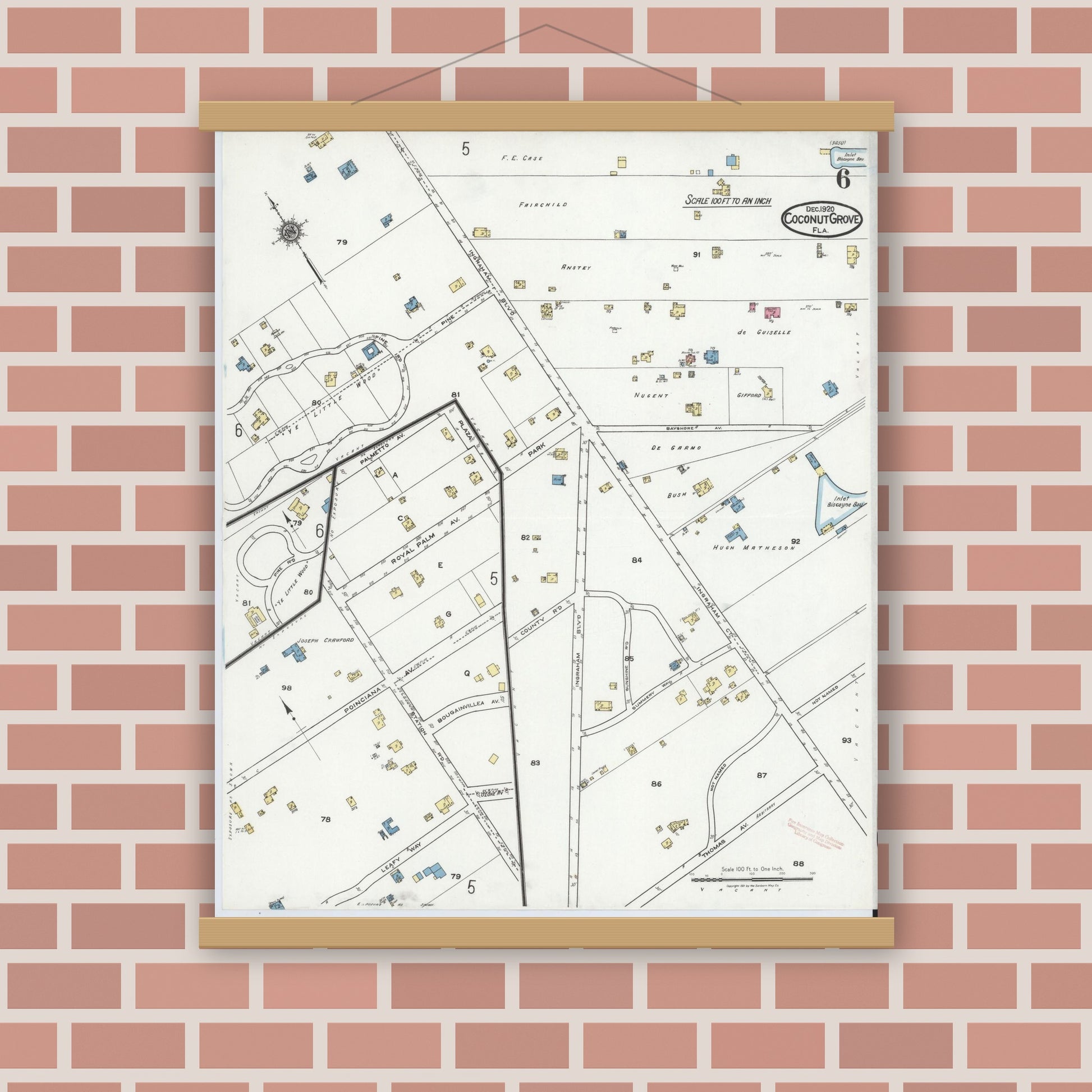 Old map wall art mockup — magnetic wood frame on brick wall — Sanborn Fire Insurance Map from Coconut Grove, Dade County, Florida (1920), Sheet #0006
