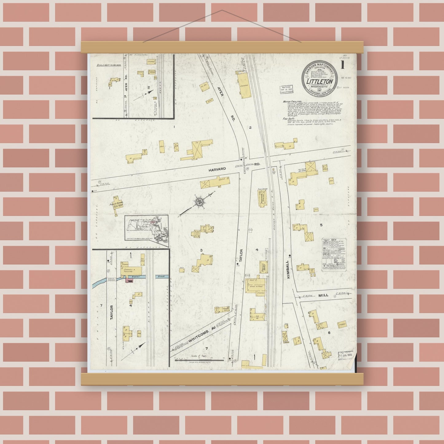 Old map wall art mockup — magnetic wood frame on brick wall — Sanborn Fire Insurance Map from Littleton, Middlesex County, Massachusetts (1917), Sheet #0001