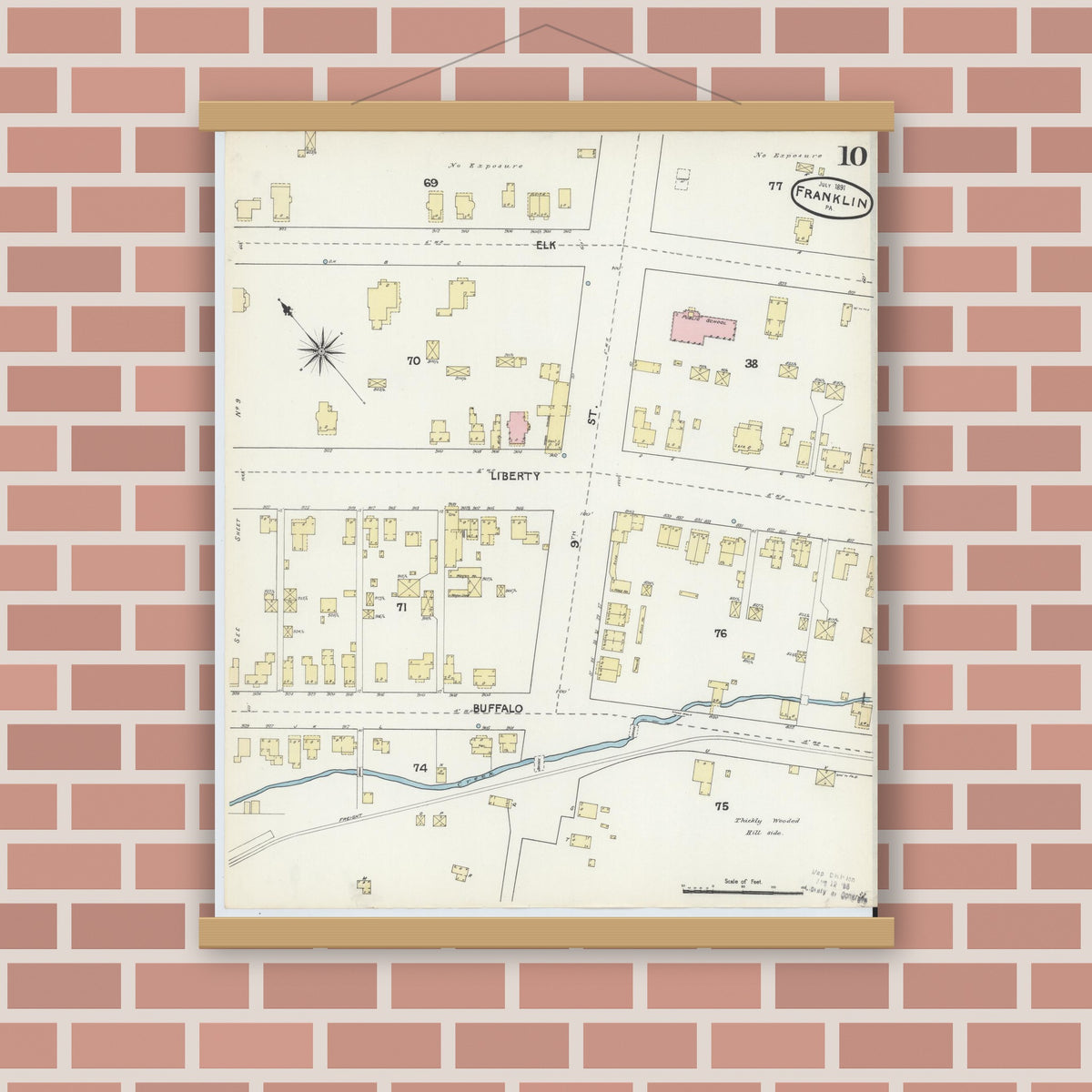 Old map wall art mockup — magnetic wood frame on brick wall — Sanborn Fire Insurance Map from Franklin, Venango County, Pennsylvania (1891), Sheet #0010