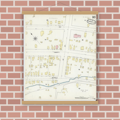 Old map wall art mockup — magnetic wood frame on brick wall — Sanborn Fire Insurance Map from Franklin, Venango County, Pennsylvania (1891), Sheet #0010