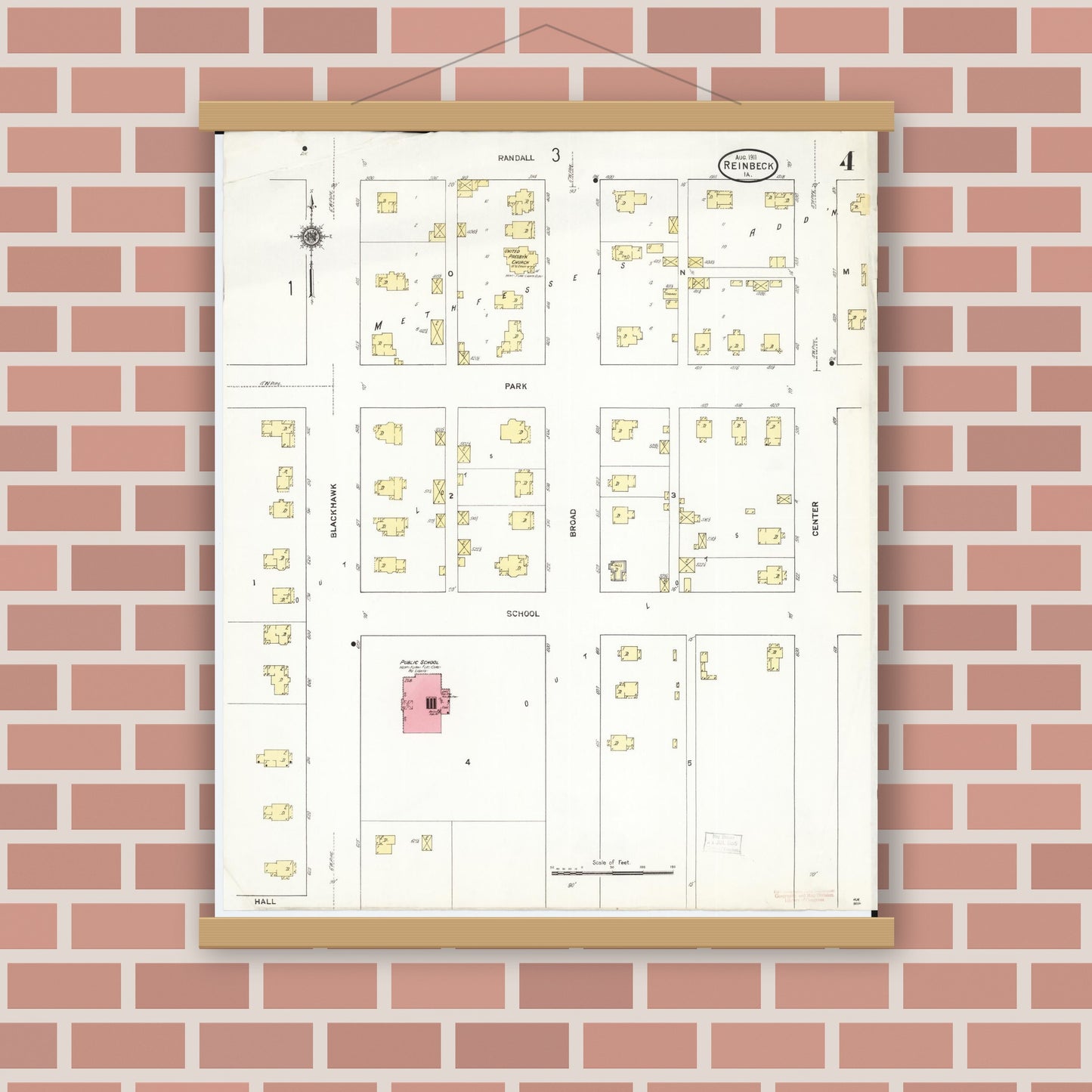 Old map wall art mockup — magnetic wood frame on brick wall — Sanborn Fire Insurance Map from Reinbeck, Grundy County, Iowa (1911), Sheet #0004