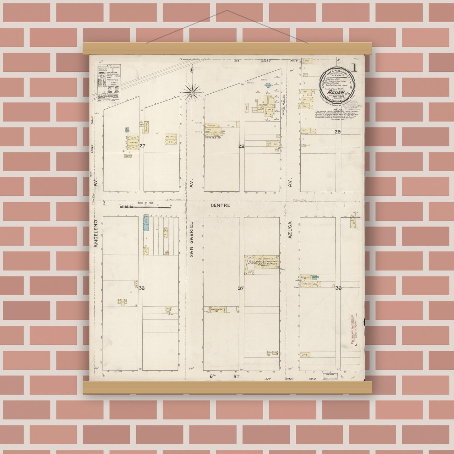 Old map wall art mockup — magnetic wood frame on brick wall — Sanborn Fire Insurance Map from Azusa, Los Angeles County, California (1888), Sheet #0001