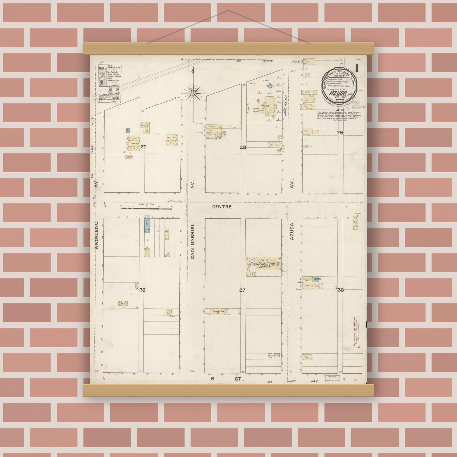 Old map wall art mockup — magnetic wood frame on brick wall — Sanborn Fire Insurance Map from Azusa, Los Angeles County, California (1888), Sheet #0001