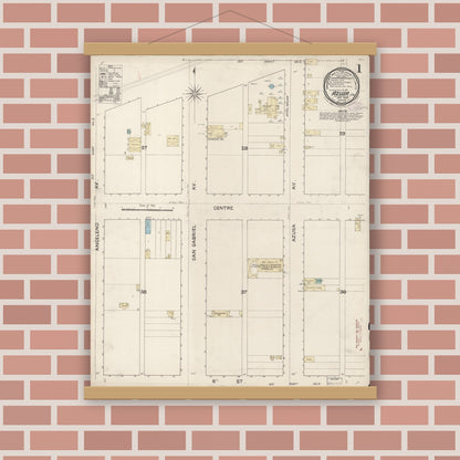 Old map wall art mockup — magnetic wood frame on brick wall — Sanborn Fire Insurance Map from Azusa, Los Angeles County, California (1888), Sheet #0001