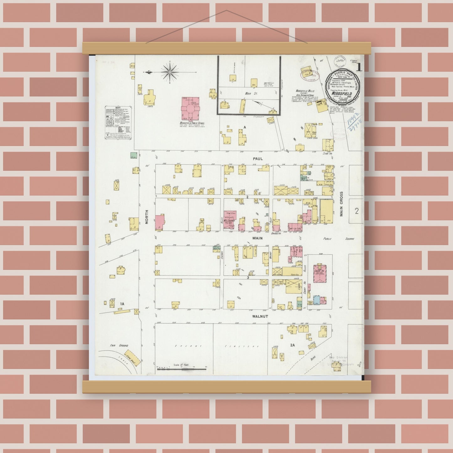 Old map wall art mockup — magnetic wood frame on brick wall — Sanborn Fire Insurance Map from Woodsfield, Monroe County, Ohio (1899) - Complete Map Set
