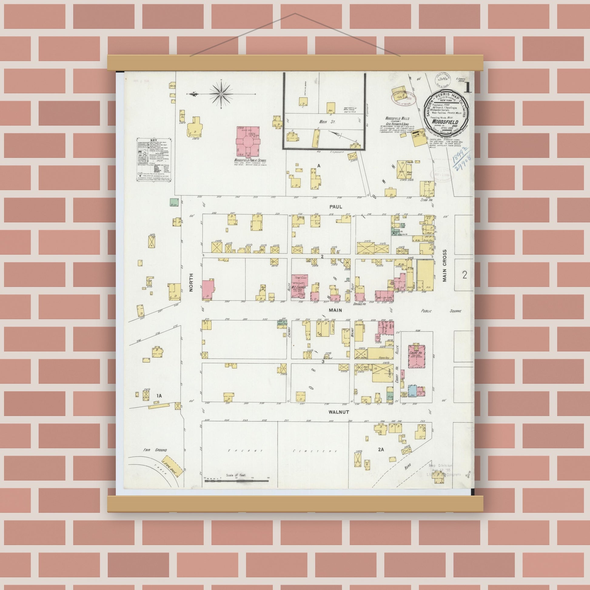 Old map wall art mockup — magnetic wood frame on brick wall — Sanborn Fire Insurance Map from Woodsfield, Monroe County, Ohio (1899) - Complete Map Set