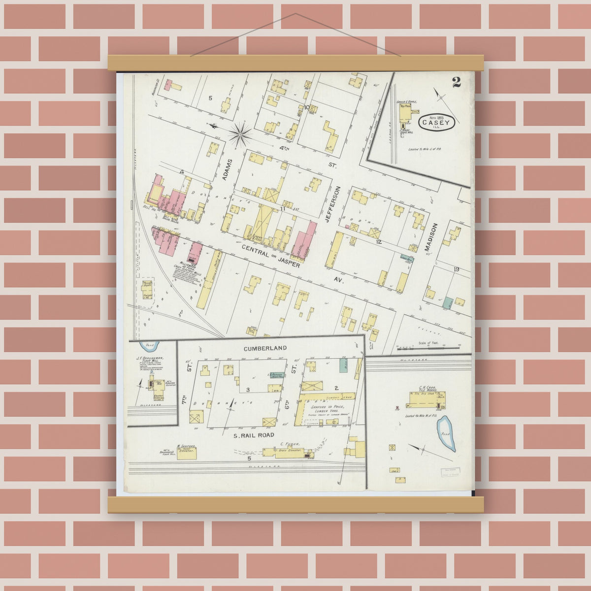 Old map wall art mockup — magnetic wood frame on brick wall — Sanborn Fire Insurance Map from Casey, Clark County, Illinois (1893), Sheet #0002