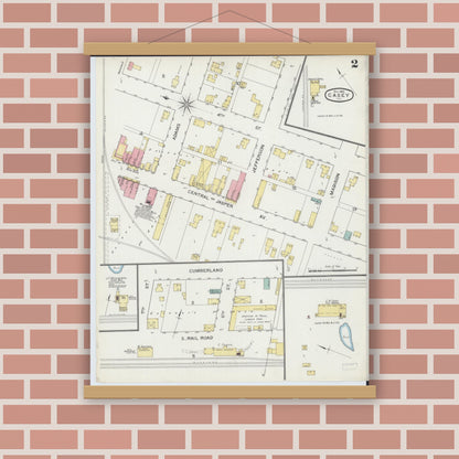 Old map wall art mockup — magnetic wood frame on brick wall — Sanborn Fire Insurance Map from Casey, Clark County, Illinois (1893), Sheet #0002