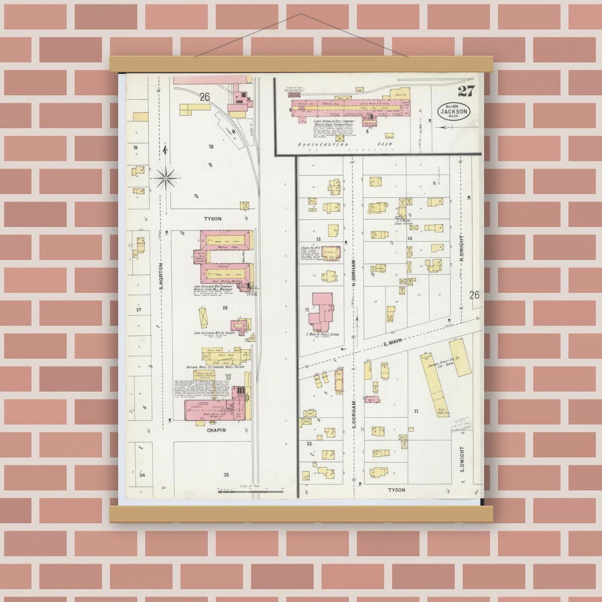 Old map wall art mockup — magnetic wood frame on brick wall — Sanborn Fire Insurance Map from Jackson, Jackson County, Michigan (1899), Sheet #0027