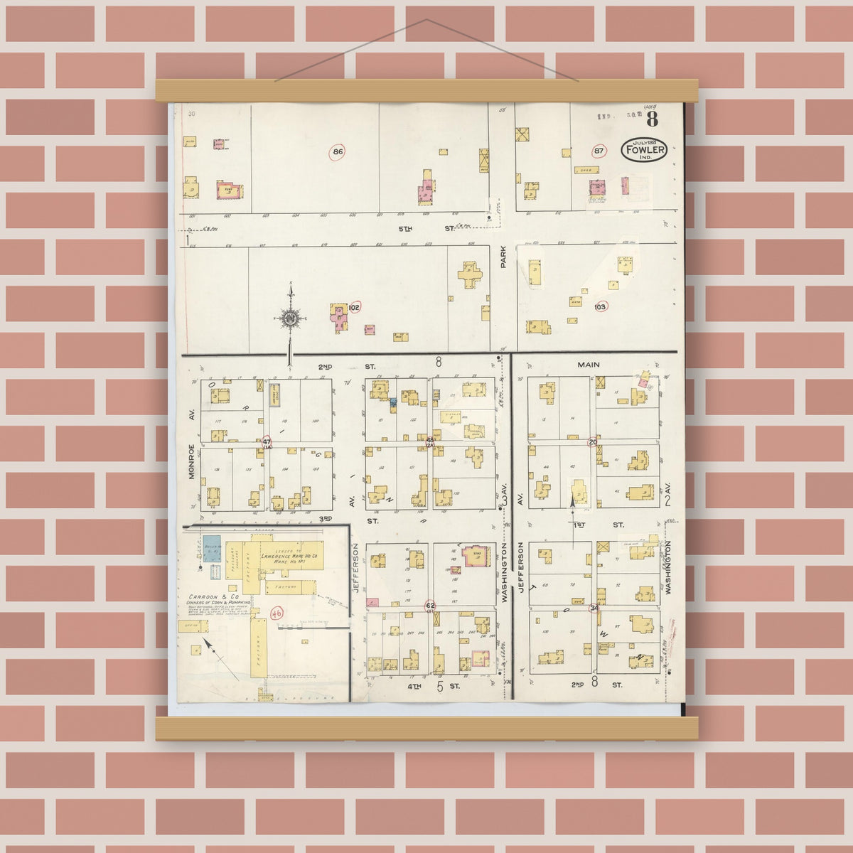 Old map wall art mockup — magnetic wood frame on brick wall — Sanborn Fire Insurance Map from Fowler, Benton County, Indiana (1932), Sheet #0008